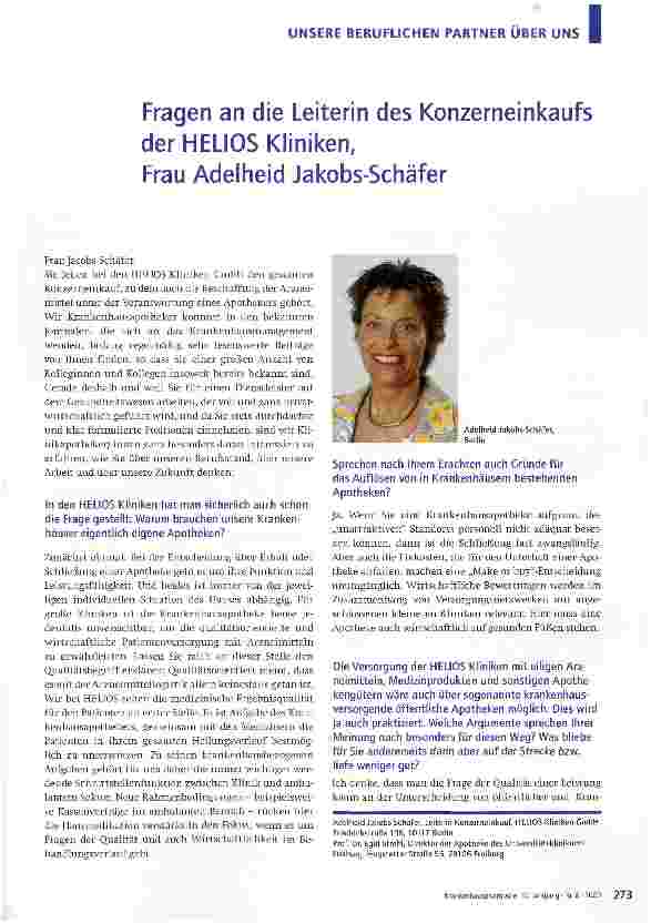 Vorschauseite 1: Fragen an die Leiterin des Konzerneinkaufs der HELIOS Kliniken, Frau Adelheid Jakobs-Schäfer