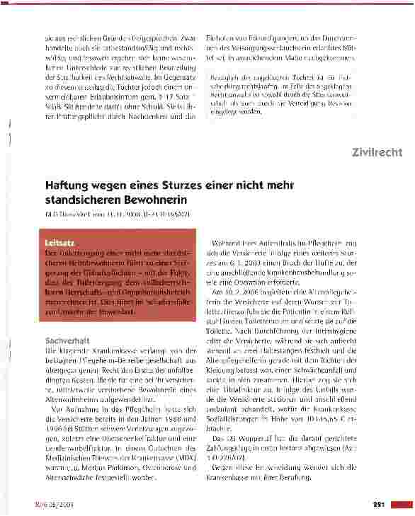 Vorschauseite 1: Haftung wegen eines Sturzes einer nicht mehr standsicheren Bewohnerin