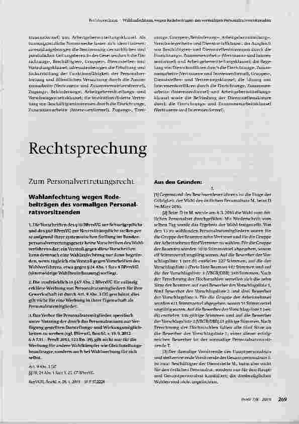 Vorschauseite 1: Wahlanfechtung wegen Redebeiträgen des vormaligen Personalratsvorsitzenden