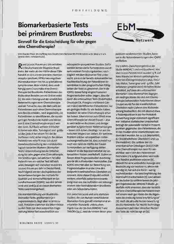 Vorschauseite 1: Biomarkerbasierte Tests bei primärem Brustkrebs: Sinnvoll für die Entscheidung für oder gegen eine Chemotherapie?