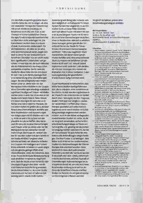 Vorschauseite 2: Biomarkerbasierte Tests bei primärem Brustkrebs: Sinnvoll für die Entscheidung für oder gegen eine Chemotherapie?