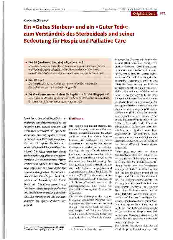 Vorschauseite 1: Ein «Gutes Sterben» und ein «Guter Tod»: zum Verständnis des Sterbeideals und seiner Bedeutung für Hospiz und Palliative Care