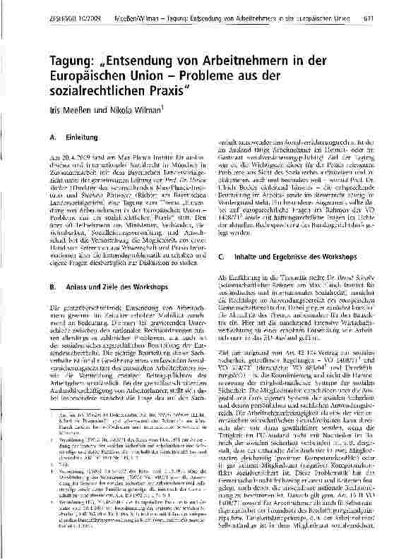 Vorschauseite 1: Tagung: „Entsendung von Arbeitnehmern in der Europäischen Union - Probleme aus der sozialrechtlichen Praxis