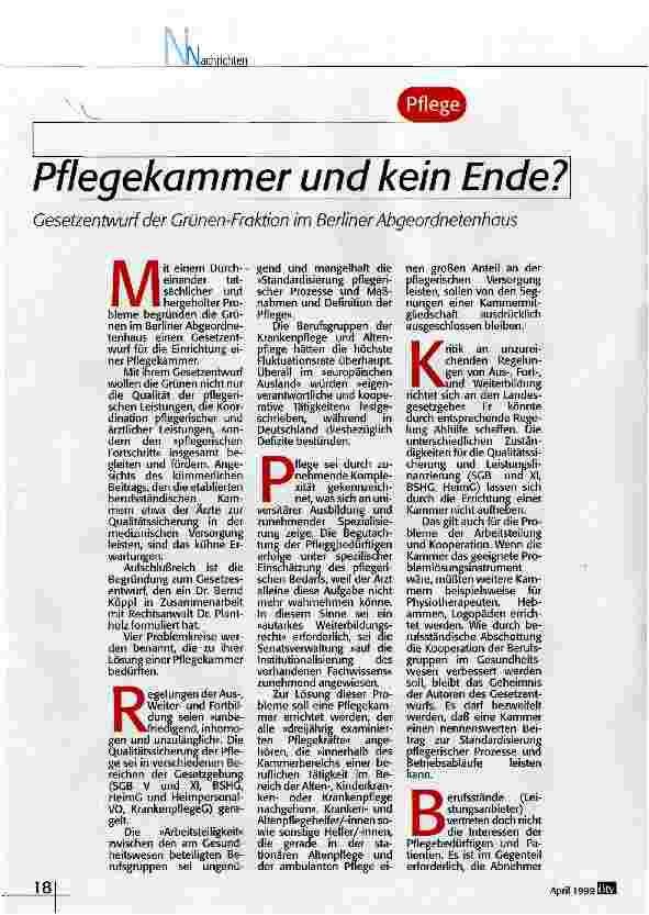 Vorschauseite 1: Pflegekammer und kein Ende? Gesetzentwurf der Grünen-Fraktion im Berliner Abgeordnetenhaus