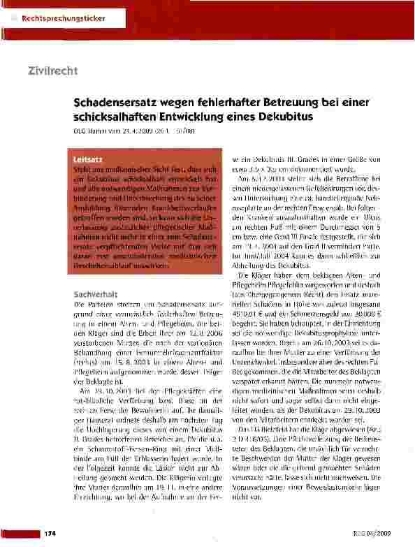 Vorschauseite 1: Schadensersatz wegen fehlerhafter Betreuung bei einer schicksalhaften Entwicklung eines Dekubitus