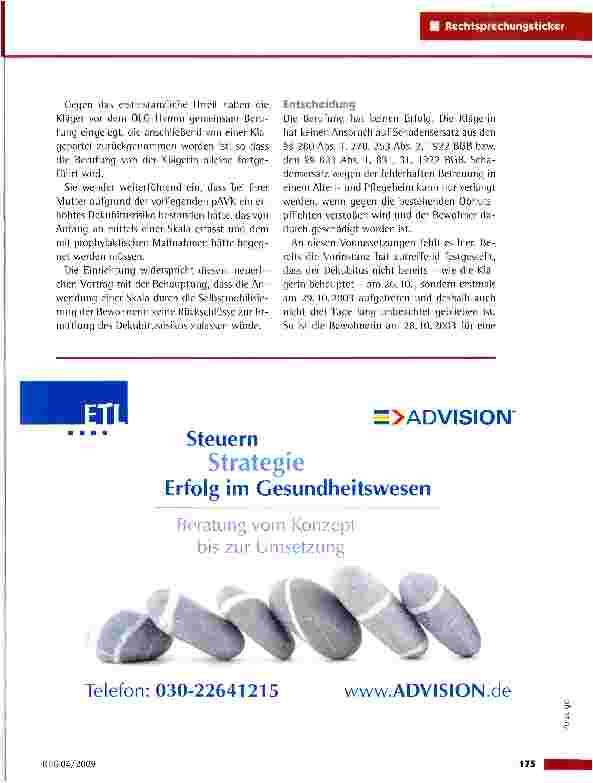 Vorschauseite 2: Schadensersatz wegen fehlerhafter Betreuung bei einer schicksalhaften Entwicklung eines Dekubitus