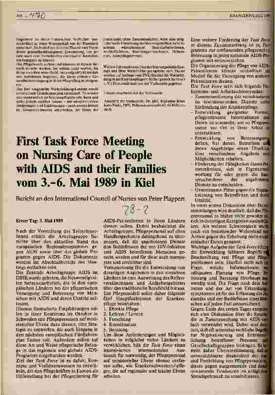 Vorschauseite 1: First Task Force Meeting on Nursing Care of People with AIDS and their Families vom 3. -6. Mai 1989 in Kiel