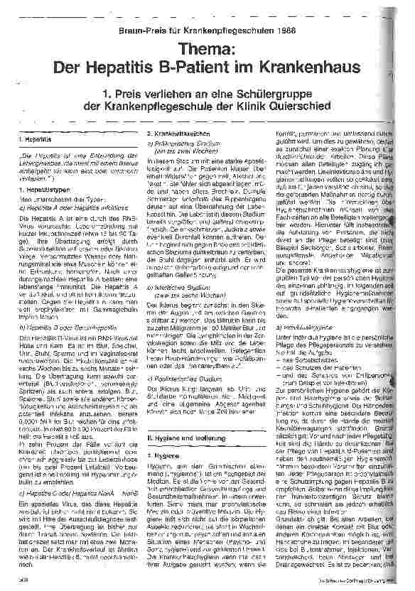 Vorschauseite 1: Braun-Preis für Krankenpflegeschulen 1988 Thema: Der Hepatitis B-Patient im Krankenhaus // 1. Preis: