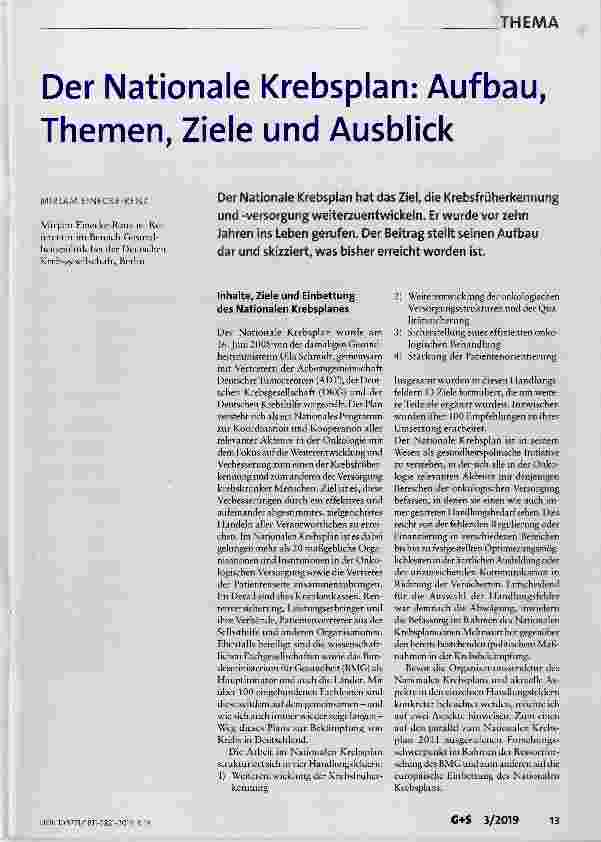 Vorschauseite 1: Der Nationale Krebsplan: Aufbau, Themen, Ziele und Ausblick