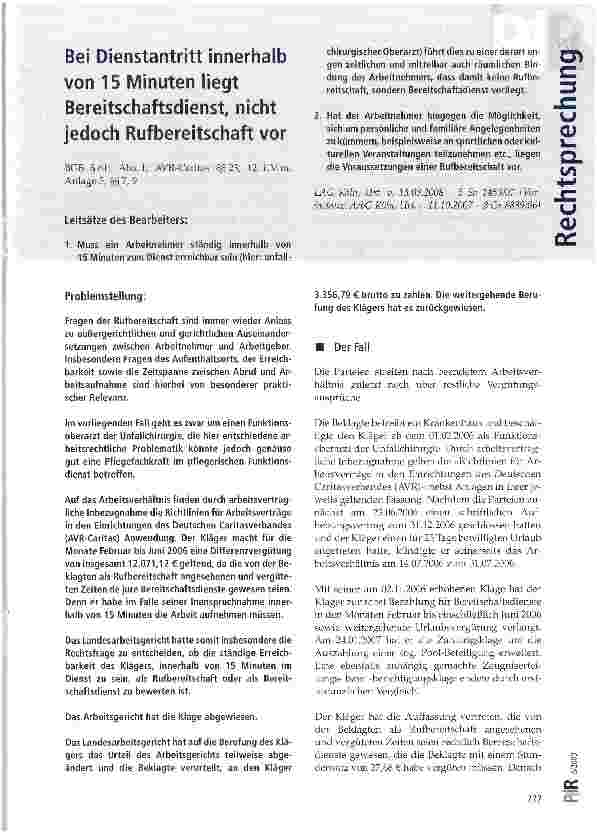 Vorschauseite 1: Bei Dienstantritt innerhalb von 15 Minuten liegt Bereitschaftsdienst, nicht jedoch Rufbereitschaft vor