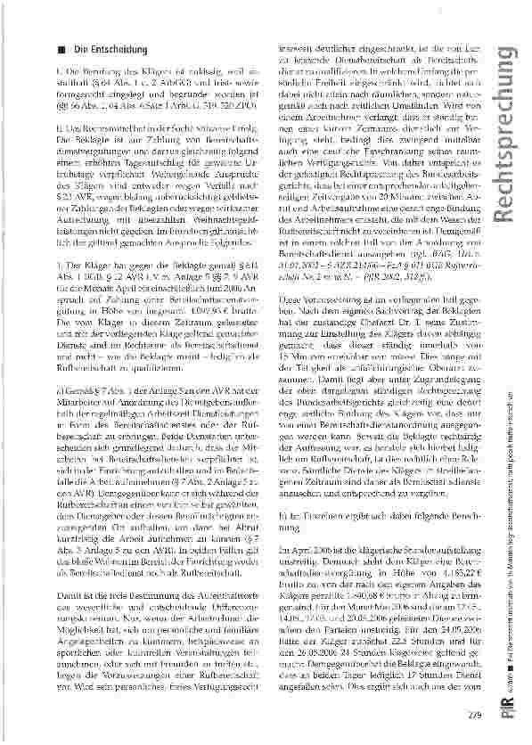Vorschauseite 3: Bei Dienstantritt innerhalb von 15 Minuten liegt Bereitschaftsdienst, nicht jedoch Rufbereitschaft vor