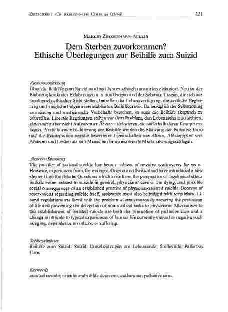 Vorschauseite 1: Dem Sterben zuvorkommen? Ethische Überlegungen zur Beihilfe zum Suizid