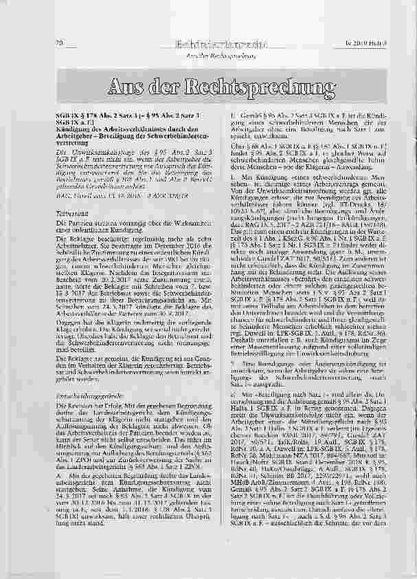 Vorschauseite 1: SGB IX § 178 Abs. 2 Satz 3 (= § 95 Abs. 2 Satz 3 SGB IX a. F.)Kündigung des Arbeitsverhältnisses durch den Arbeitgeber - Beteiligung der Schwerbehindertenvertretung