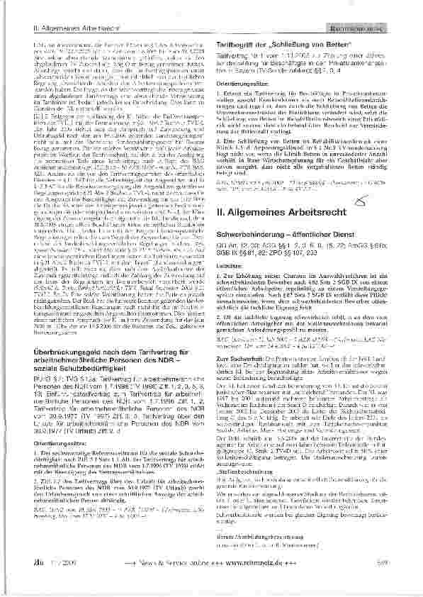 Vorschauseite 1: Überbrückungsgeld nach dem Tarifvertrag für arbeitnehmerähnliche Personen des NDR -soziale Schutzbedürftigkeit