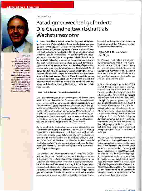 Vorschauseite 1: Paradigmenwechsel gefordert: Die Gesundheitswirtschaft als Wachstumsmotor