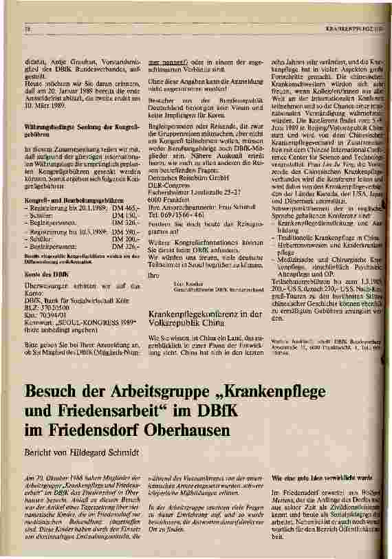 Vorschauseite 1: Besuch der Arbeitsgruppe Krankenpflege und Friedensarbeit im DBfK im Friedensdorf Oberhausen