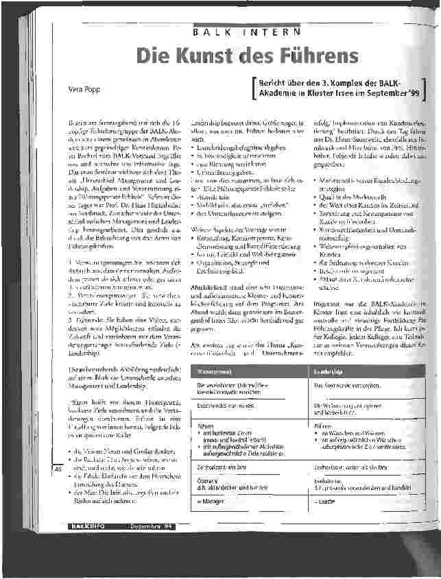 Vorschauseite 1: Die Kunst des Führens Bericht über den 3. Komplex der BALK-Akademie in Kloster Irsee im September 99