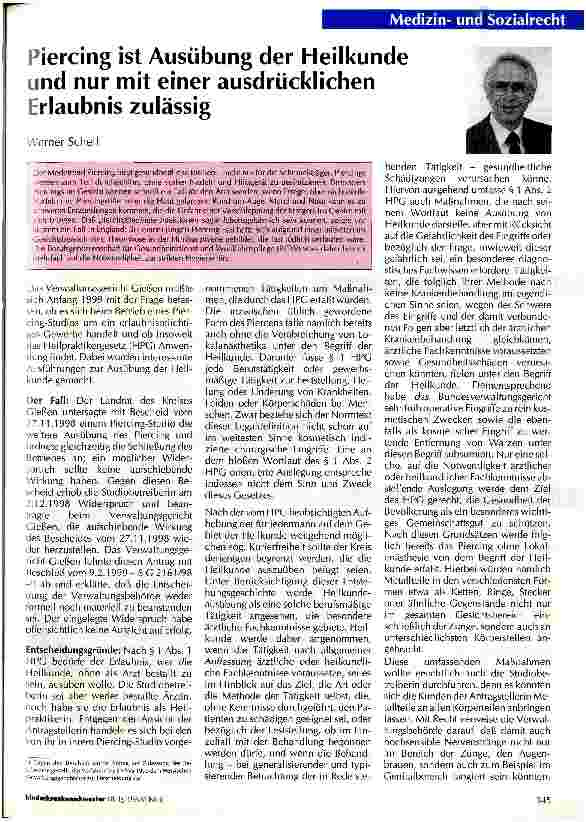 Vorschauseite 1: Piercing ist Ausübung der Heilkunde und nur mit einer ausdrücklichen Erlaubnis zulässig
