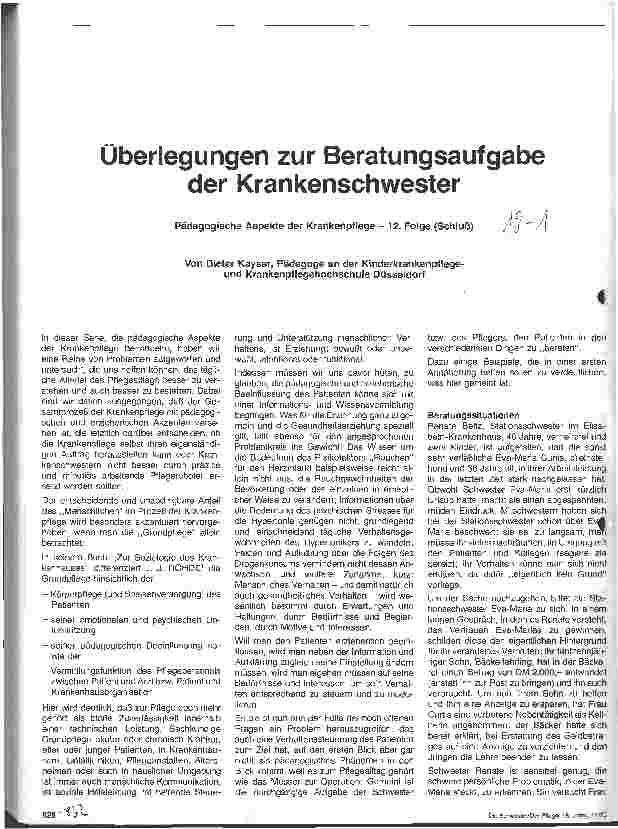 Vorschauseite 1: Überlegungen zur Beratungsaufgabe der Krankenschwester Pädagogische Aspekte der Krankenpflege 12. Folge (Schluß)