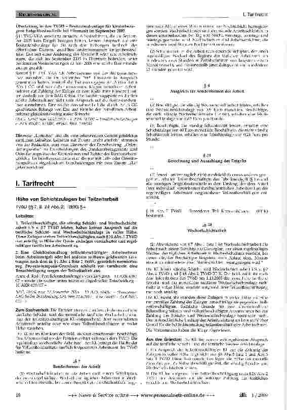 Vorschauseite 1: Höhe von Schichtzulagen bei Teilzeitarbeit