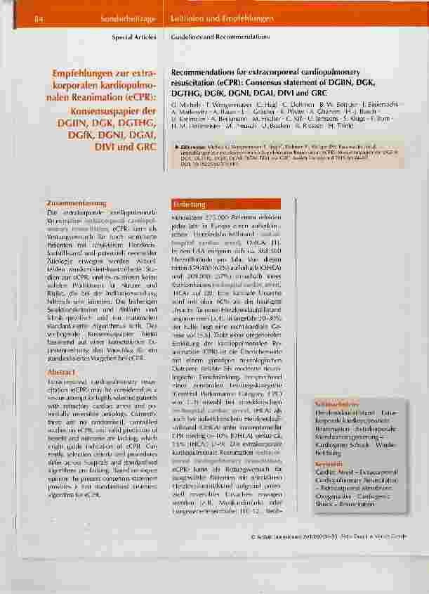 Vorschauseite 1: Empfehlungen zur extrakorporalen kardiopulmonalen Reanimation (eCPR): Konsensuspapier der DGIIN, DGK, DGTHG, DGfK, DGNI, DGAI, DIVI und GRC