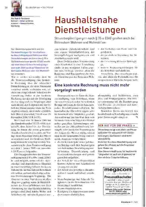 Vorschauseite 1: Steuerbegünstigungen nach § 35 a EStG greifen auch bei Betreutem Wohnen und Wohnstiften