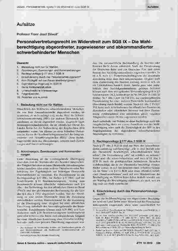 Vorschauseite 1: Personalvertretungsrecht im Widerstreit zum SGB IX - Die Wahlberechtigung abgeordneter, zugewiesener und abkommandierter schwerbehinderter Menschen