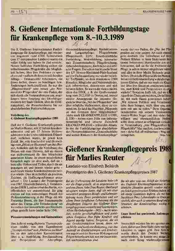 Vorschauseite 1: 8. Gießener Internationale Fortbildungstage für Krankenpflege vom 8. -10. 3. 1989