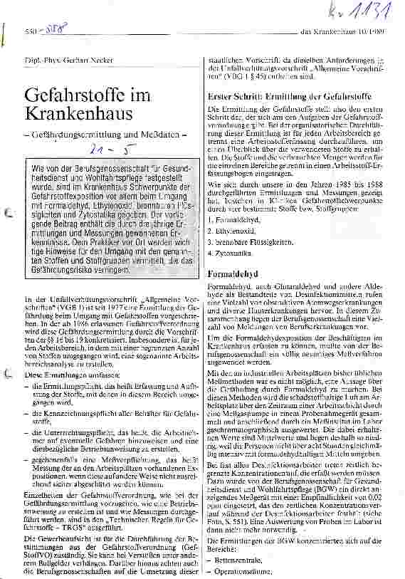 Vorschauseite 1: Gefahrstoffe im Krankenhaus Gefährdungsermittlung und Meßdaten