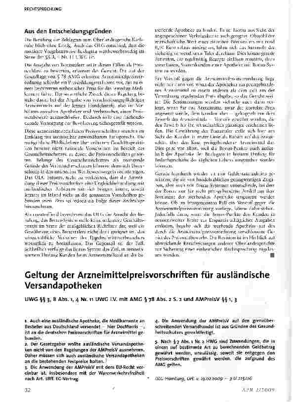 Vorschauseite 1: Geltung der Arzneimittelpreisvorschriften für ausländische Versandapotheken