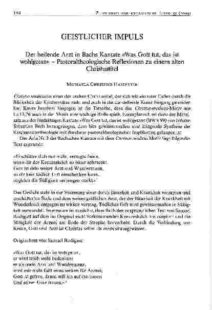 Vorschauseite 1: Der heilende Arzt in Bachs Kantate »Was Gott tut, das ist wohlgetan« - Pastoraltheologische Reflexionen zu einem alten Christustitel