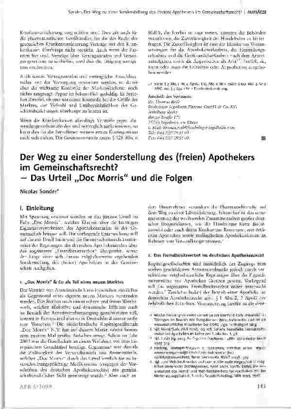 Vorschauseite 1: Der Weg zu einer Sonderstellung des (freien) Apothekers im Gemeinschaftsrecht? - Das Urteil „Doc Morris und die Folgen