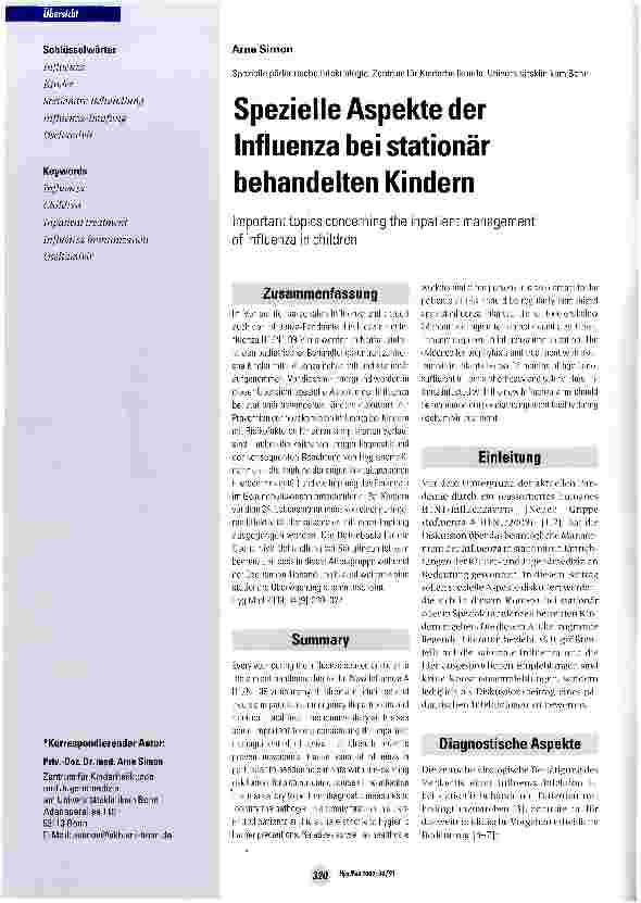 Vorschauseite 1: Spezielle Aspekte der Influenza bei stationär behandelten Kindern