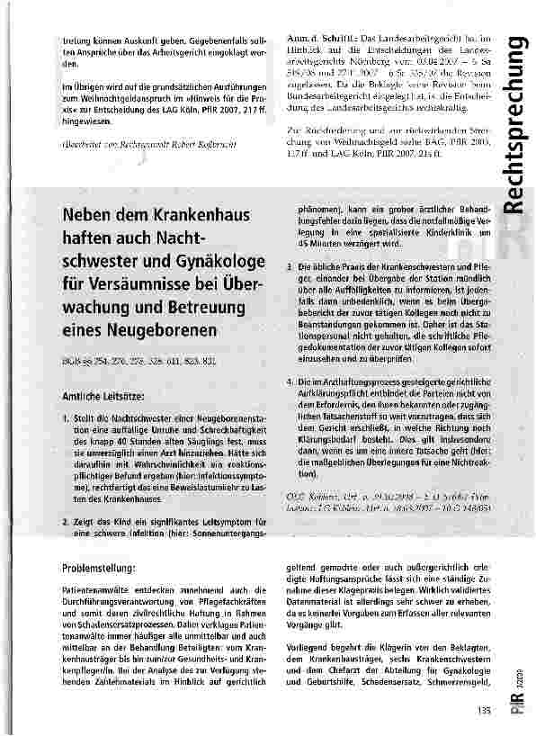 Vorschauseite 1: Neben dem Krankenhaus haften auch Nachtschwester und Gynäkologe für Versäumnisse bei Überwachung und Betreuung eines Neugeborenen