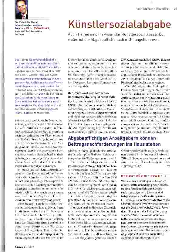 Vorschauseite 1: Künstlersozialabgabe Auch Heime sind im Visier der Künstlersozialkasse. Bei vielen ist die Abgabepflicht noch nicht angekommen