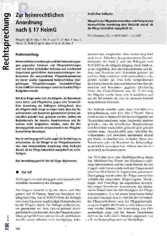 Vorschauseite 1: Zur heimrechtlichen Anordnung nach § 17 HeimG