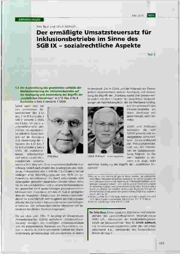 Vorschauseite 1: Der ermäßigte Umsatzsteuersatz für Inklusionsbetriebe im Sinne des SGB IX - sozialrechtliche Aspekte Teil 2