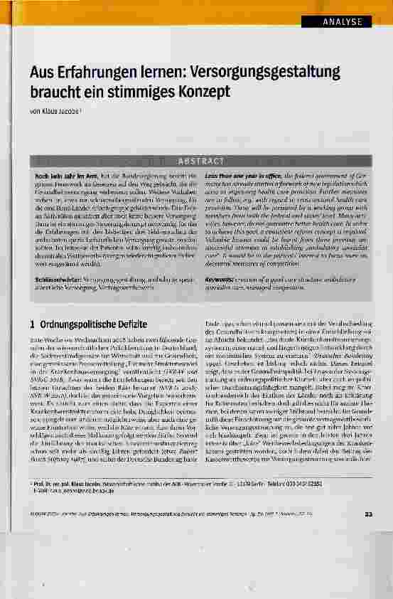 Vorschauseite 1: Aus Erfahrungen lernen: Versorgungsgestaltung braucht ein stimmiges Konzept