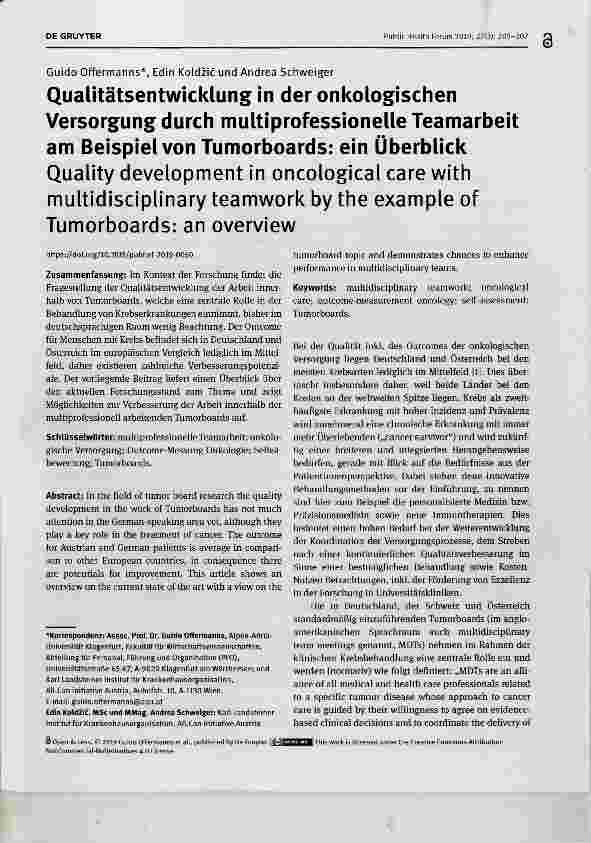Vorschauseite 1: Qualitätsentwicklung in der onkologischen Versorgung durch multiprofessionelle Teamarbeit am Beispiel von Tumorboards: ein Überblick