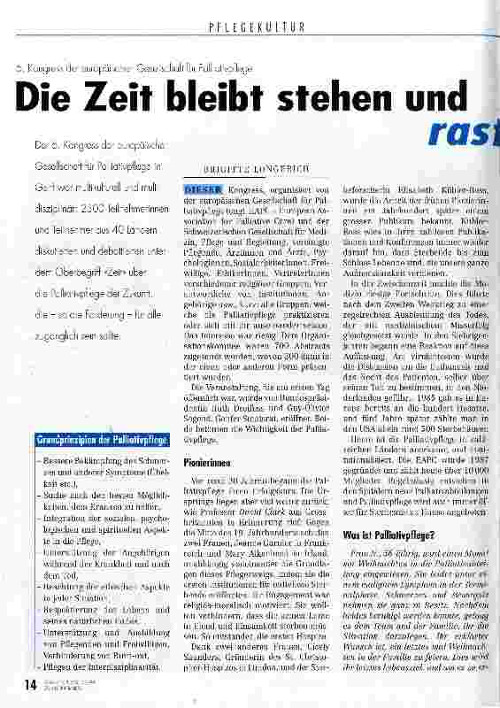 Vorschauseite 1: Die Zeit bleibt stehen und rast davon 6. Kongress der europäischen Gesellschaft für Palliativpflege