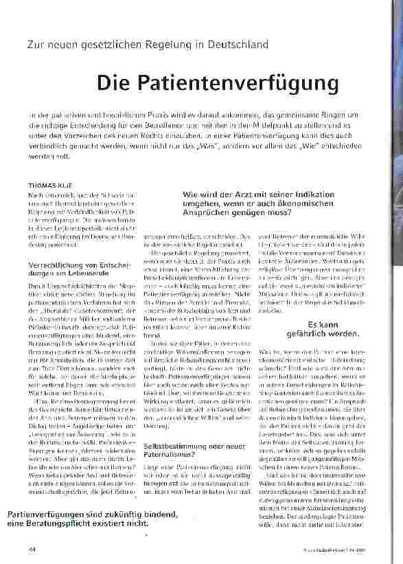 Vorschauseite 1: Zur neuen gesetzlichen Regelung in DeutschlandDie Patientenverfügung