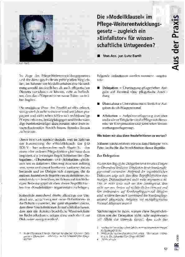 Vorschauseite 1: Die »Modellklausel« im Pflege-Weiterentwicklungsgesetz - zugleich ein »Einfallstor« für wissenschaftliche Untugenden?