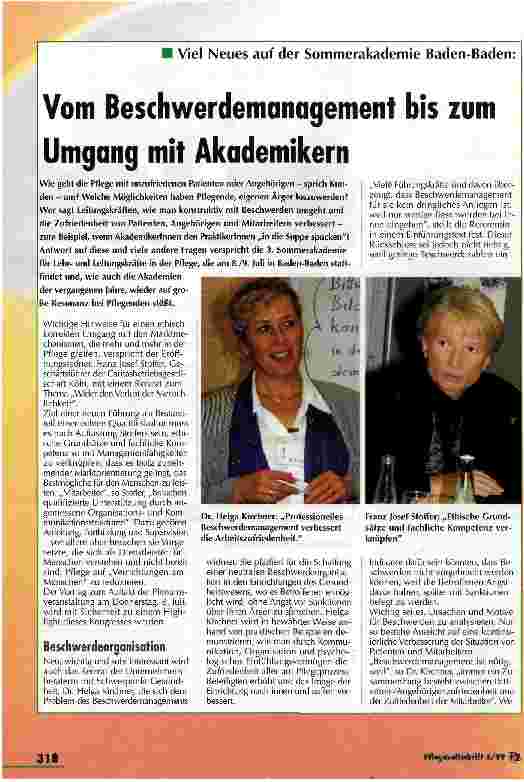 Vorschauseite 1: Vom Beschwerdemanagement bis zum Umgang mit Akademikern Viel Neues auf der Sommerakademie Baden-Baden