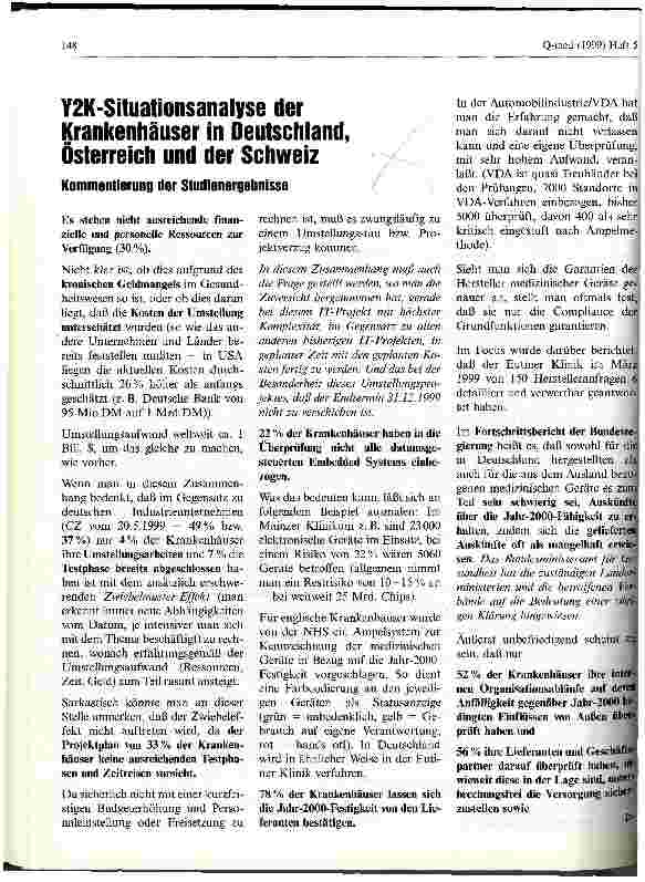 Vorschauseite 1: Y2K-Situationsanalyse der Krankenhäuser in Deutschland, Österreich und der Schweiz Kommentierung der Studienergebnisse