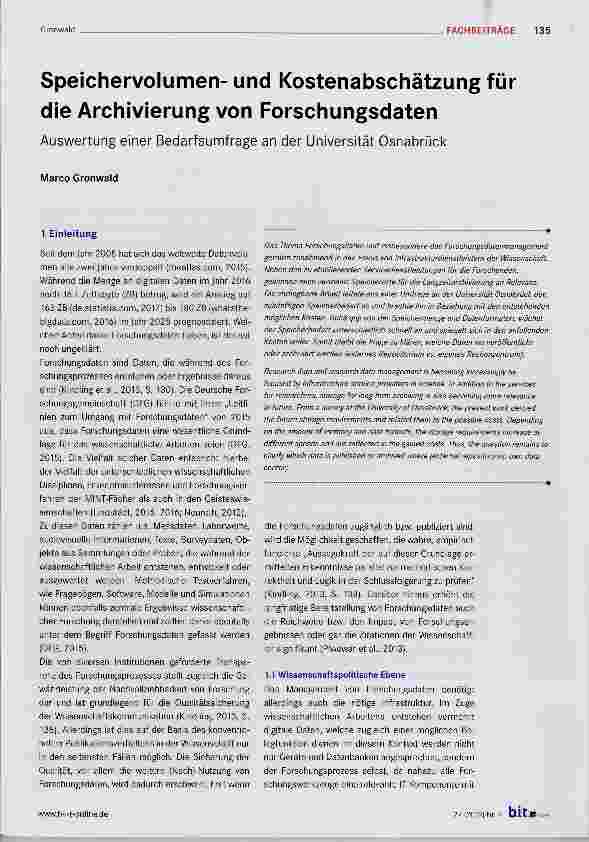 Vorschauseite 1: Speichervolumenund Kostenabschätzung für die Archivierung von Forschungsdaten