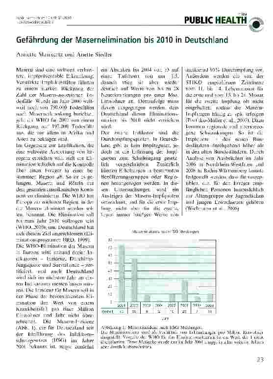 Vorschauseite 1: Gefährdung der Masernelimination bis 2010 in Deutschland