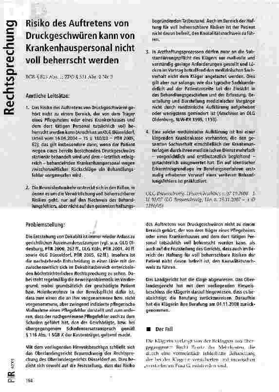 Vorschauseite 1: Risiko des Auftretens von Druckgeschwüren kann von Krankenhauspersonal nicht voll beherrscht werden