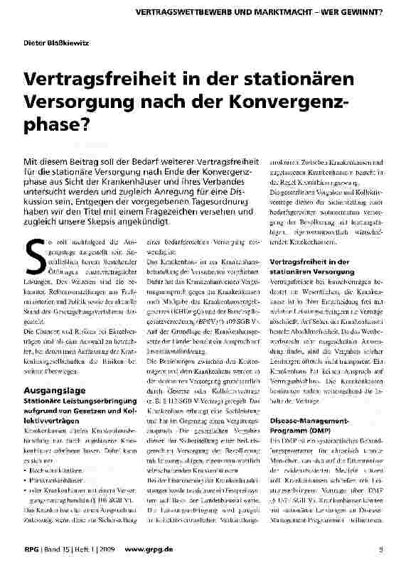 Vorschauseite 1: Vertragsfreiheit in der stationären Versorgung nach der Konvergenzphase?