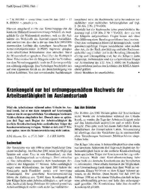 Vorschauseite 1: Krankengejd nur bei ordnungsgemäßem Nachweis der Arbeitsunfähigkeit im Auslandsurlaub