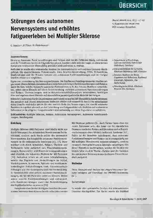 Vorschauseite 1: Störungen des autonomen Nervensystems und erhöhtes Fatigueerleben bei Multipler Sklerose